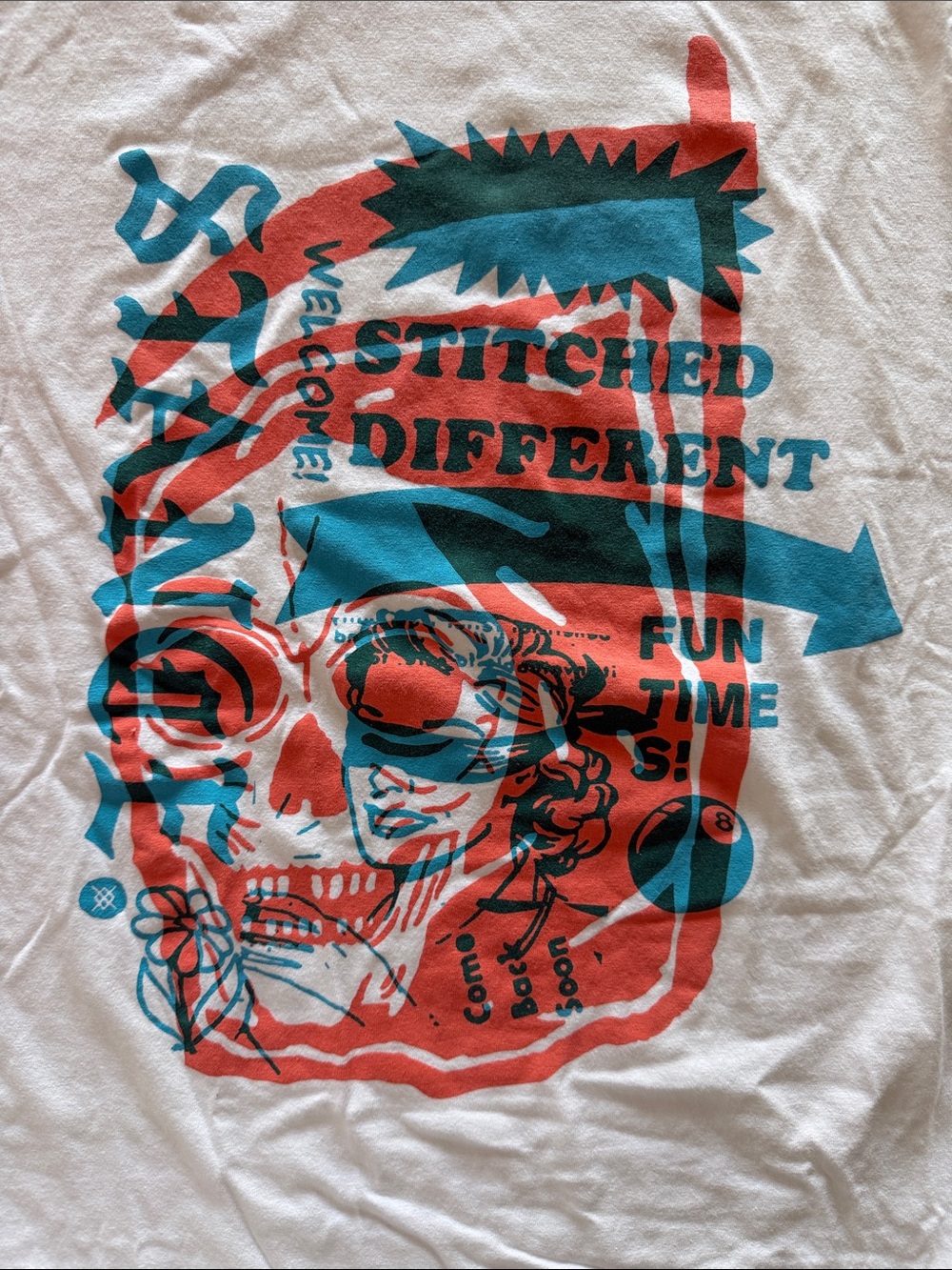Stance White Tee with Red and Teal Skull Graphic